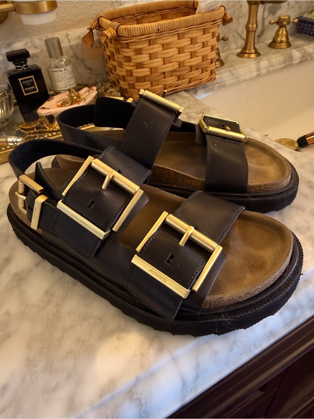 Black Leather Triple-Buckle Sandals with Gold Hardware